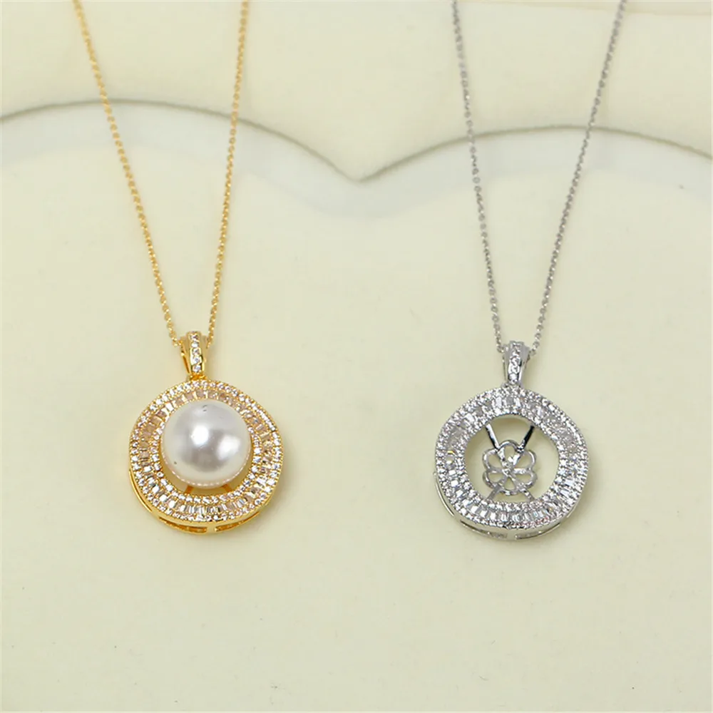 DIY Accessories Women's Circle Thick Gold-plated Brilliant Micro-set Zircon Concealer Pearl Necklace Pendant Empty Support