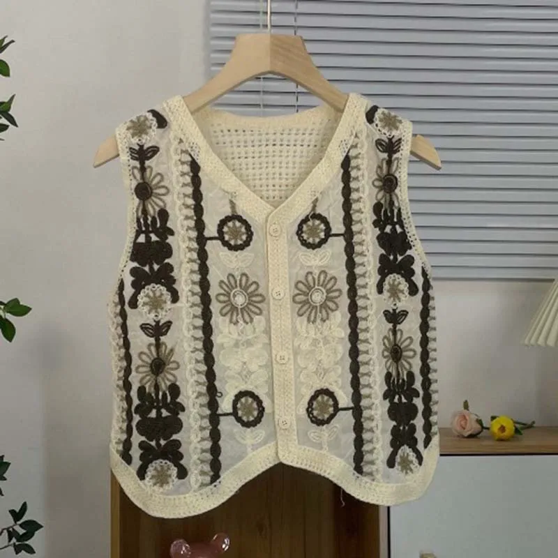Damska luźna kamizelka z ażurowym wzorem kwiatowym w stylu retro, idealna na lato, uniwersalna, wyszczuplająca, rozpinana kurtka/kardigan/top.