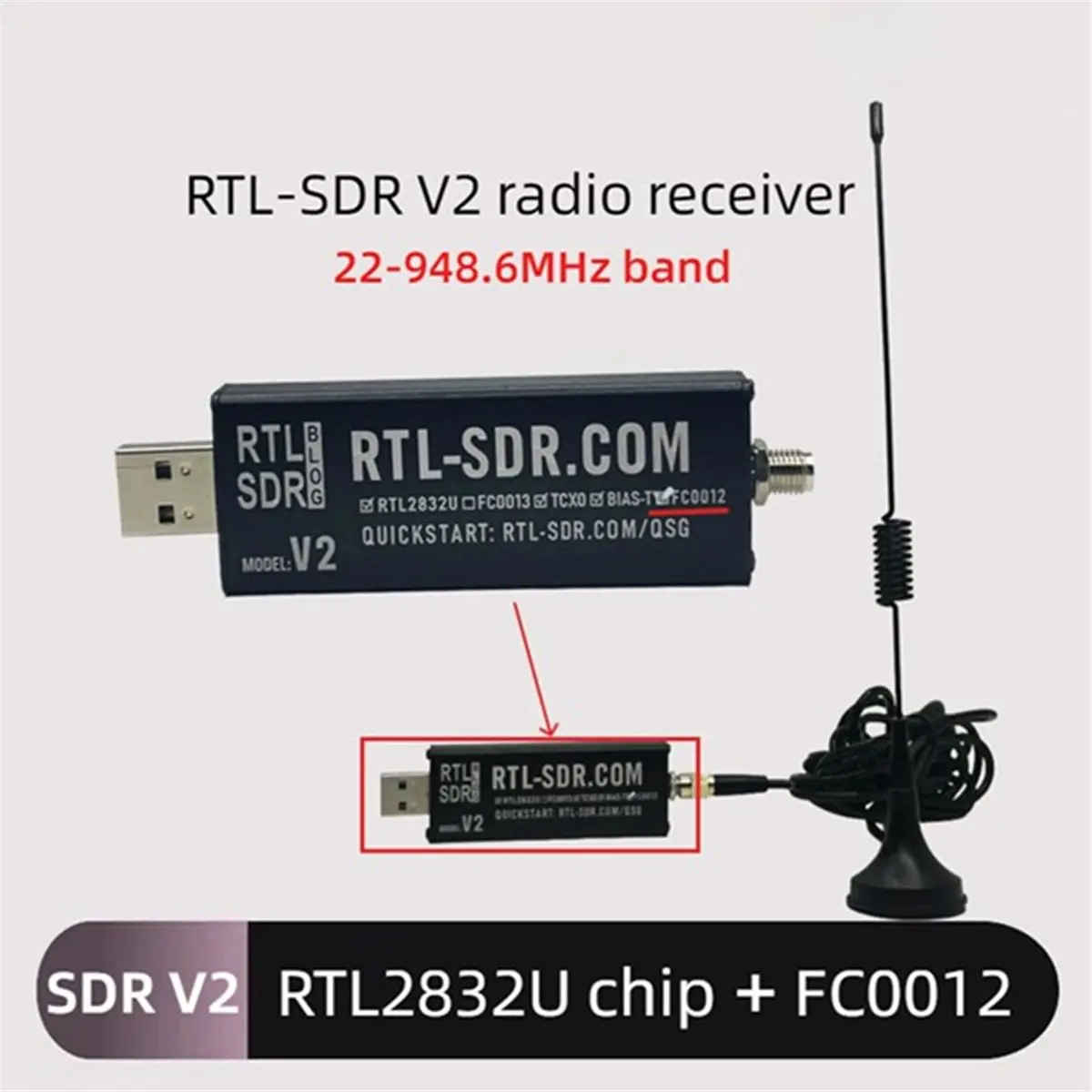 SDR-V2 FC0012 SDR-V2 Radio Receiver, RTL2832U Chip Receiver with FC0012 Tuner, Supports 22-948.6MHz Band