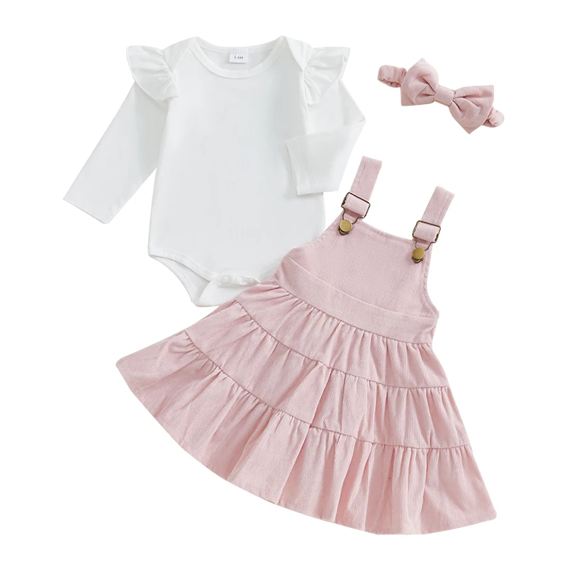 

Baby Girls Fall Outfit Solid Color Ruffles Long Sleeve Romper and Corduroy Dress Cute Headband 3 Piece Clothes