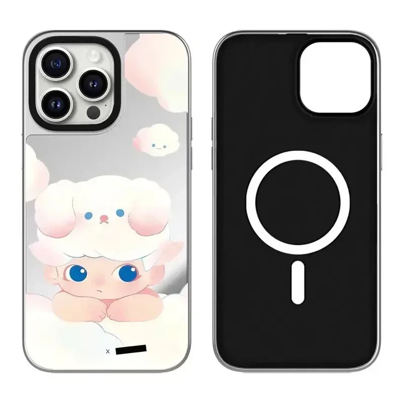 

Cartoon Doll Cloud Silver Border iPhone 12 13 14 15 16 Pro Max Mirror Surface MagSafe Case Cover Shell for IPhone 16 Pro Max