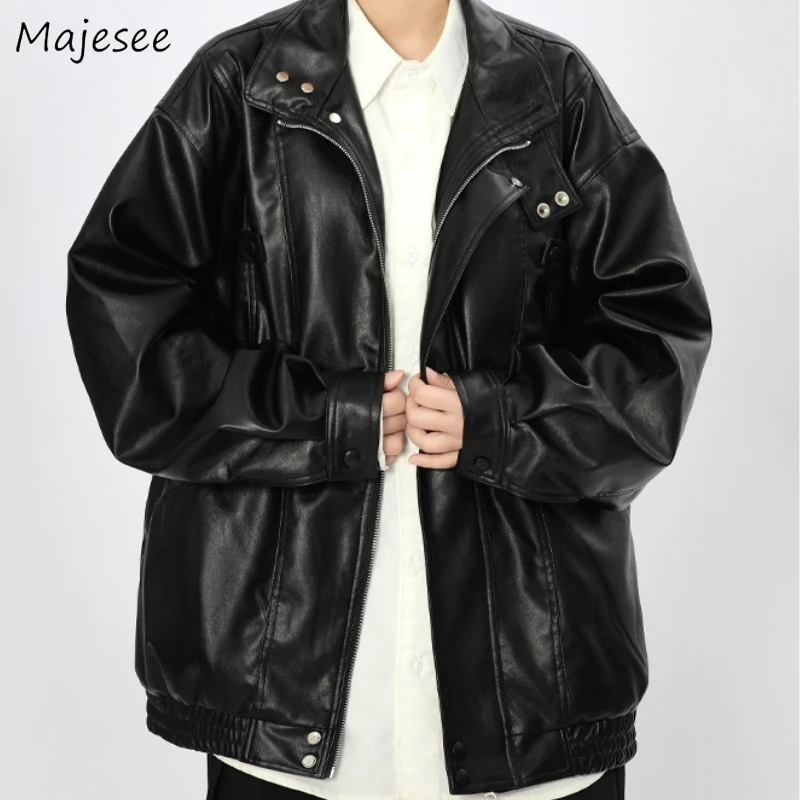 

Black Bomber Jacket Men PU Leather Coats Minimalist Cool American Streetwear Vintage Baggy Moto Outwear Couple Clothing Handsome