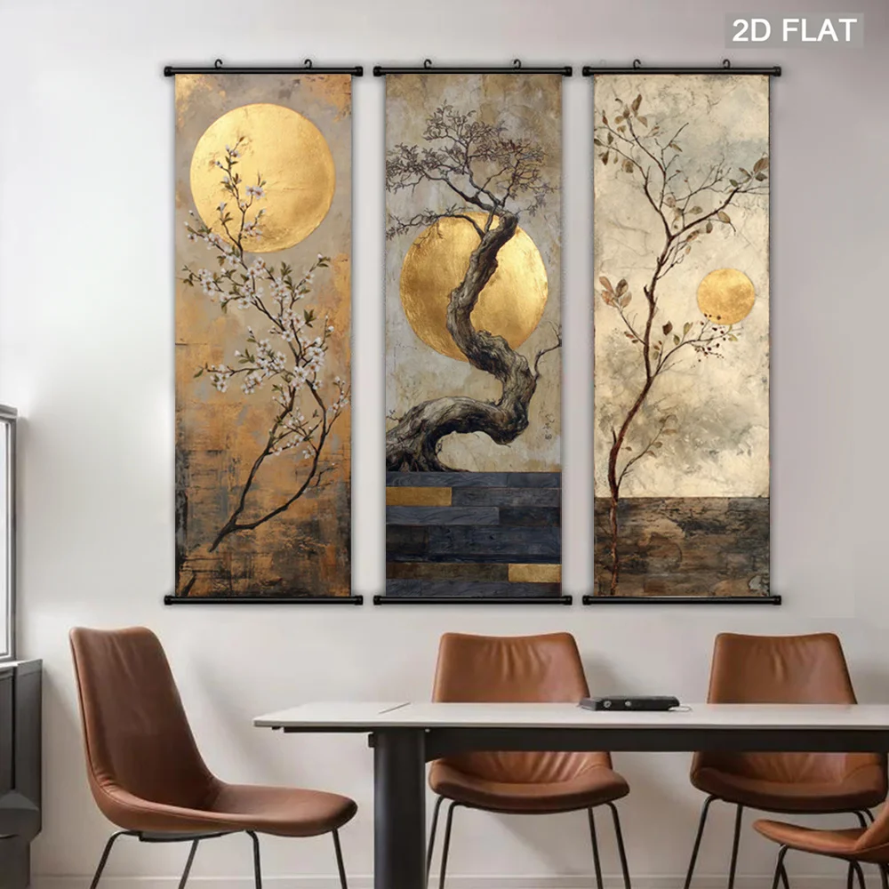 VIKAMA Branches Golden Moon Scroll Tapestry, Wabi Sabi Hanging Poster, Wall Art for Living Room Decor