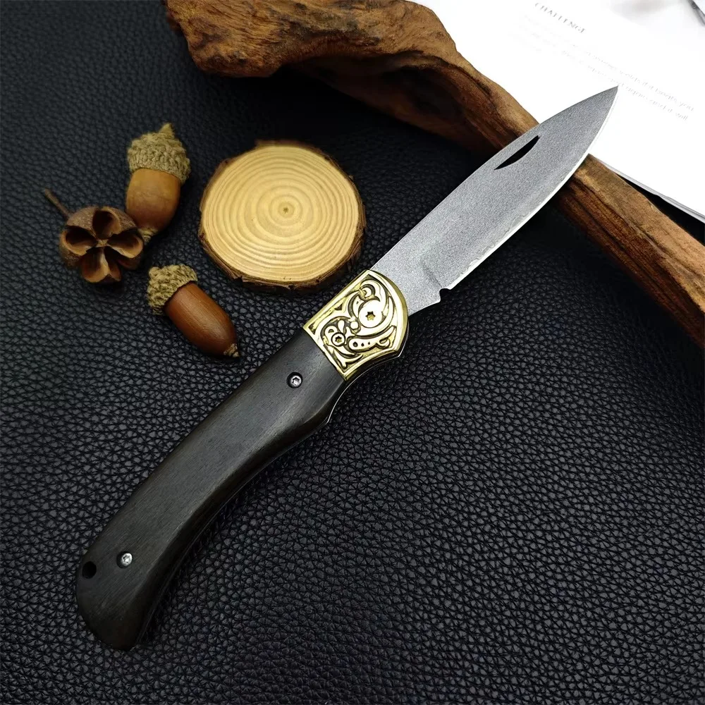 Wooden Handle Folding Knife Three Layer D2 Steel High Hardness Small Knife Brass Relief Camping Multifunctional Knife