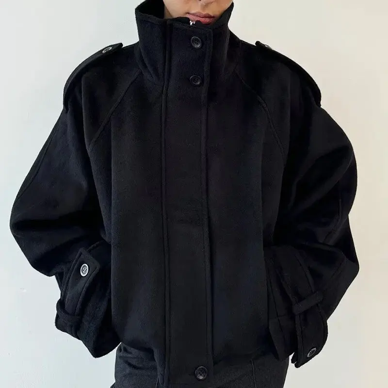 Nlzgmsj 2026 Autumn Women Vintage  Blend Coat Stand Collar Loose Short Jacket Button Zipper Fashion Outerwear Y2K