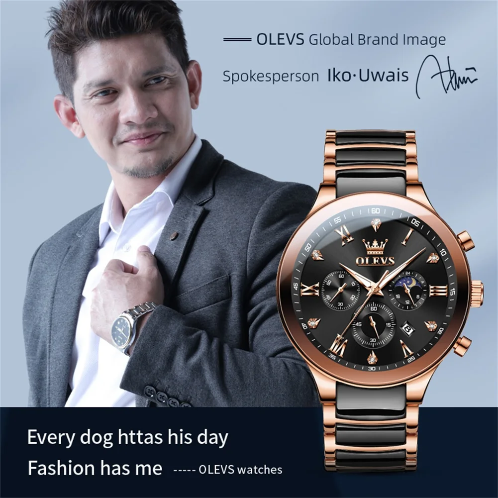 OLEVS 7004 Mens Watch Brand Quartz Watch Ceramic Strap Waterproof Luminous Moon Phase Automatic Date Men's Wristwatch with box