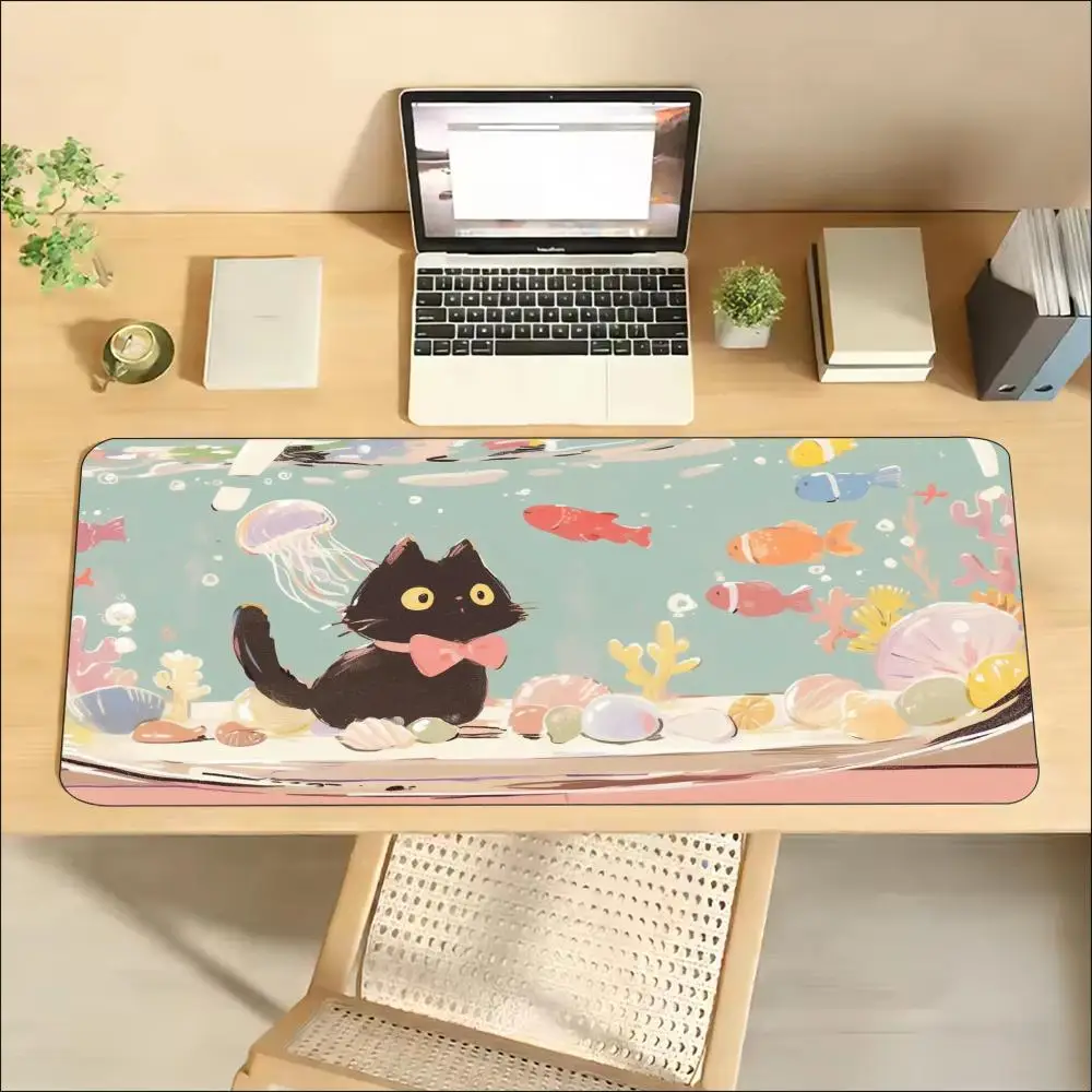 Purple Cat With Gamepad XXL Desk Mat Large Gaming Mouse Pad Non-Slip Rubber Base HD Print Stitched Border For Work Use Studio