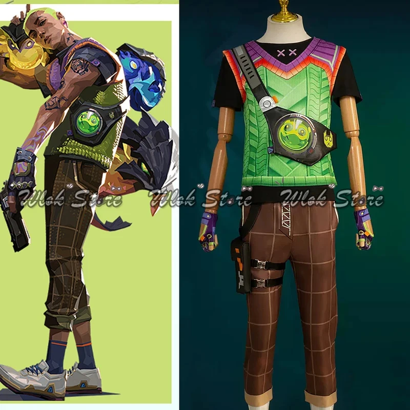 

A'8,c/Game Valorant Gekko Cosplay Costume Pants T-shirt Full Set Gloves Pocket Bag Earrings Tattoo Men Halloween Party5,j'8.k/4\
