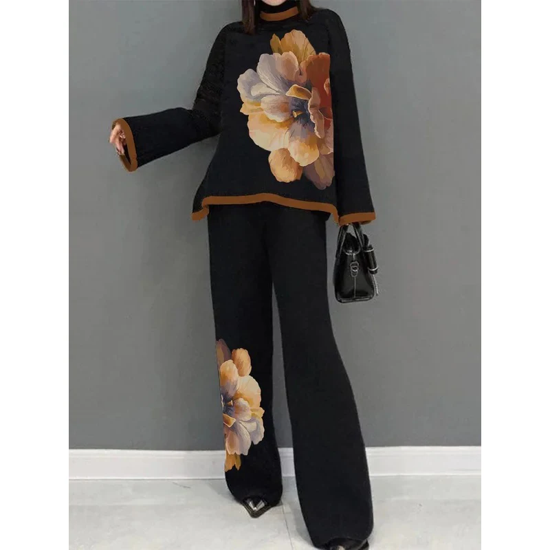 Tinaa Women Autumn Winter Sets 2024 Flared Sleeves Long Sleeves Flower Print Round-Neck T-Shirts Tops and High Waisted Pants