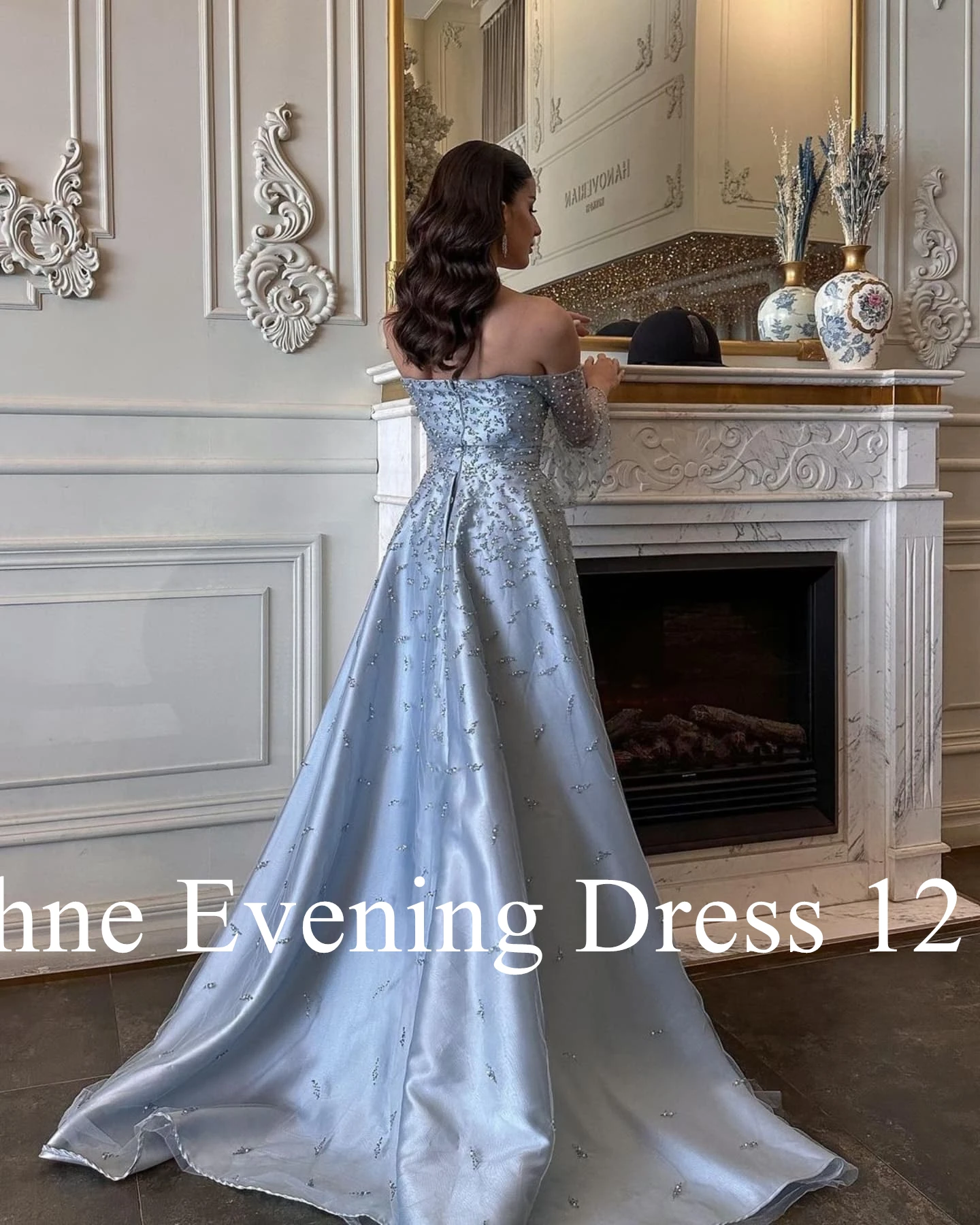 Customized Luxury Strapless Off the Shoulder Pearls Beading Evening Dress Exquisite Pleats Long Sleeves Blue Vestido De Festa