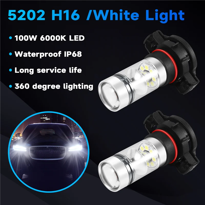 A10E-2X 5202 H16 Ps24w عالية الطاقة 100W 6000K سوبر وايت Led أضواء الضباب Drl لمبة