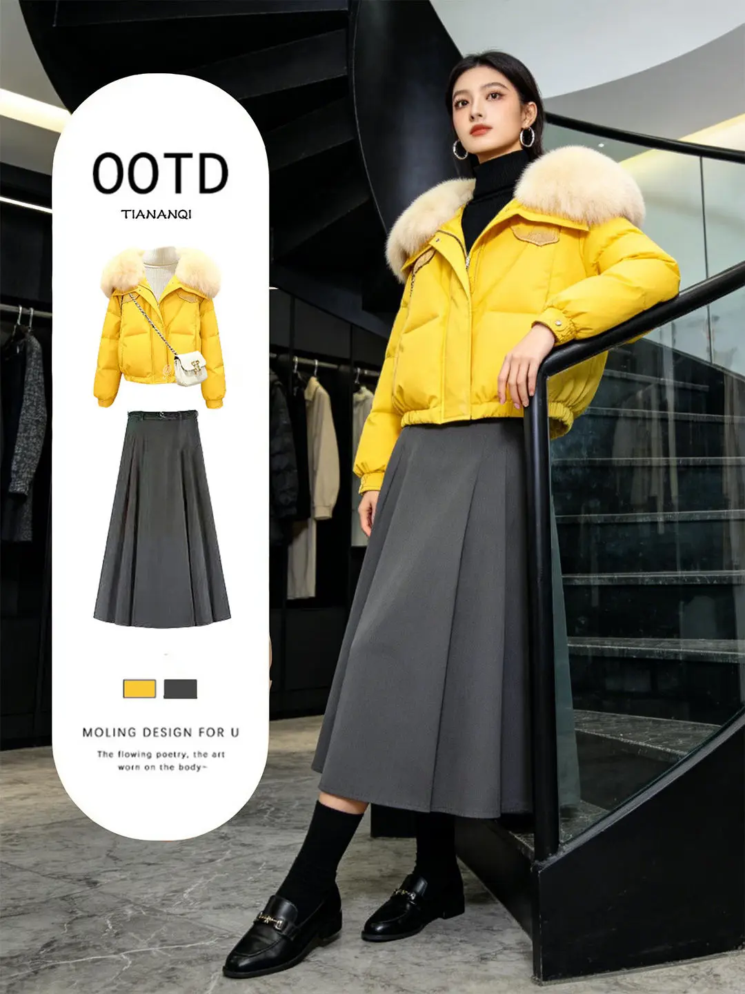 

Fashionable Spring Set Women's Korean Style Warm Fur Collar Cotton Coat with High Waist Pleated Skirt Two Piece Suit Casual Wear