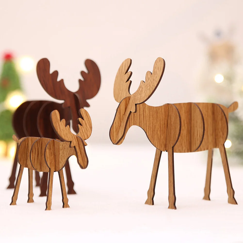 

6 Pcs Elk Ornaments Festival Desktop Decor Assembly DIY Christmas Deer Village Decorations Hollow Out Wood