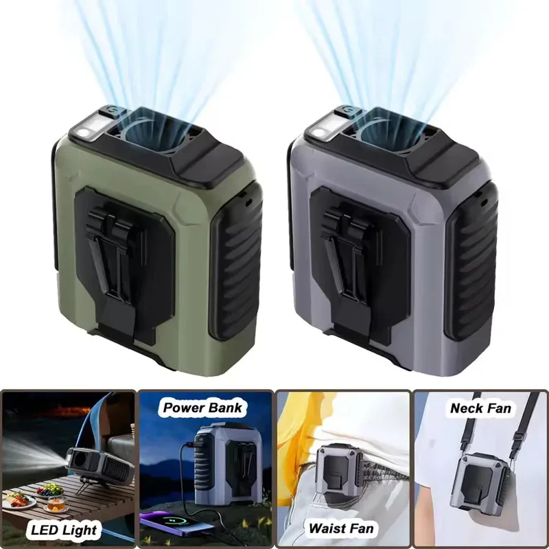 

NEW Waist Clip Fan Outdoor Portable Hanging Neck Fan Strong Wind with Power Bank LED Lighting for Sports Courier Outdoor Working