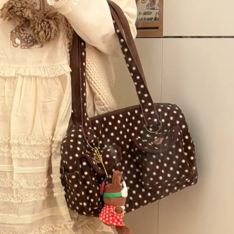 Retro Y2k Polka Dot Shoulder Bag Fashion Plush Tote Bag Color-blocked Crossbody Bag Multiple Pockets Student Casual Commuter Bag