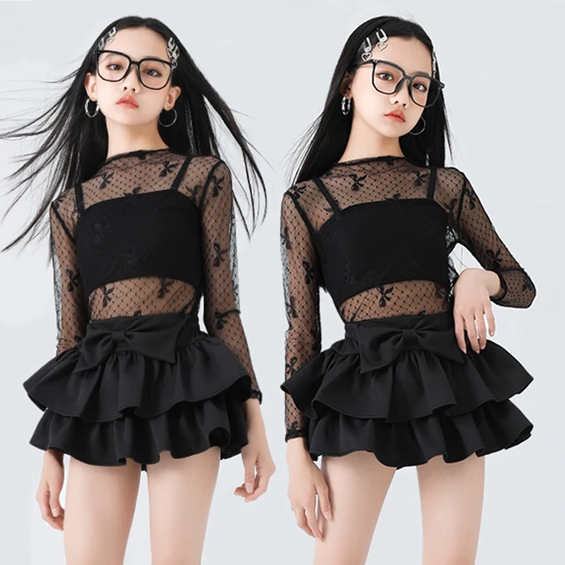 2025 Girls Jazz Dance Costume Black Lace Mesh Tops Skirt Catwalk Concert Kpop Style Street Clothing Performance Clothes BL15803