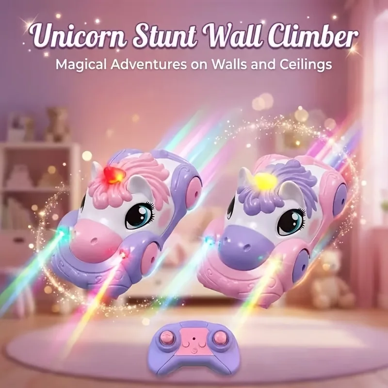 Unicorn Wall Climbing RC Car, ABS Rechargeable Stunt Toy with LED Lights, 360° Rotation, Halloween Birthday Gift for Children