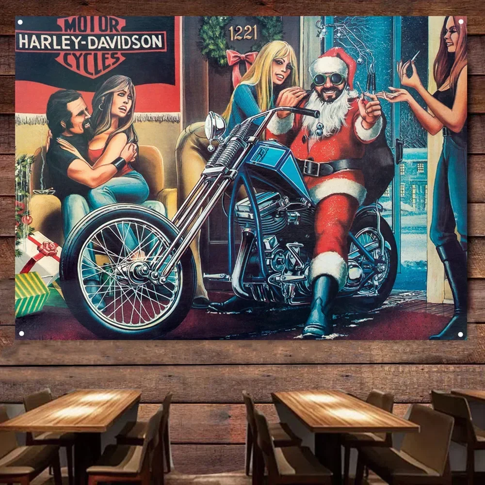 Santa Claus Motorcycle Flag Vintage Wall Decor Poster Car Painting For Garage Man Cave Bar Club Pub The Best Gift for Cyclists