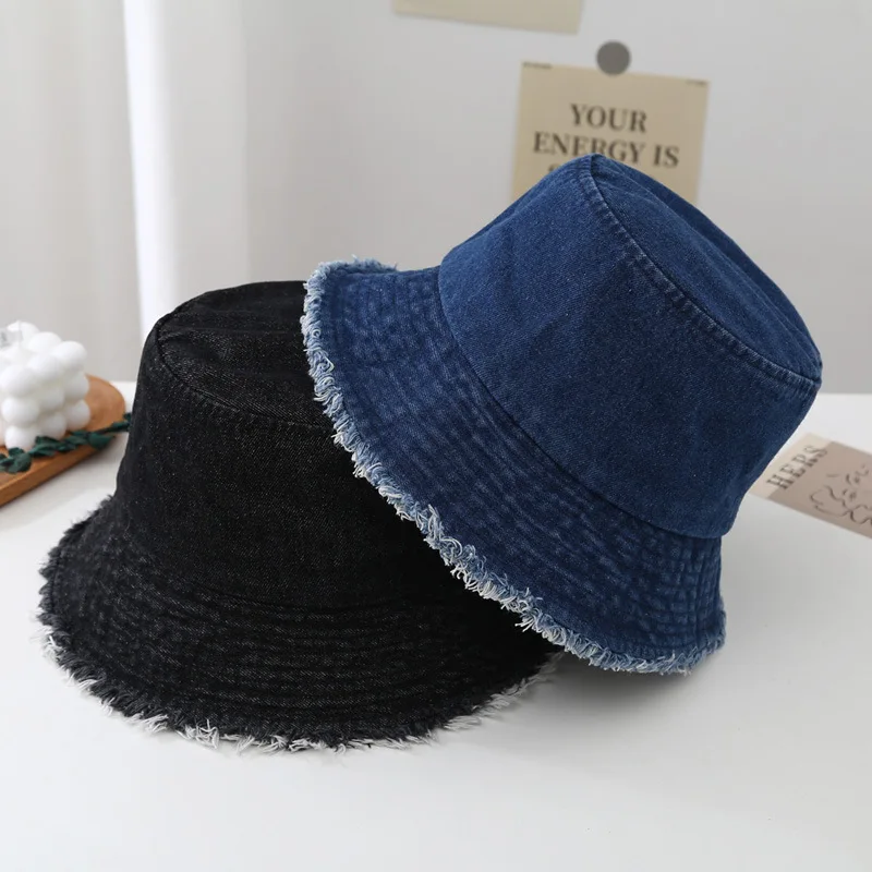 Unisex Tassel Washed Denim Bucket Hats for Women Men Vintage Foldable Cotton Panama Bob Cap Gorros Outdoor Beach Fishing Sun Hat