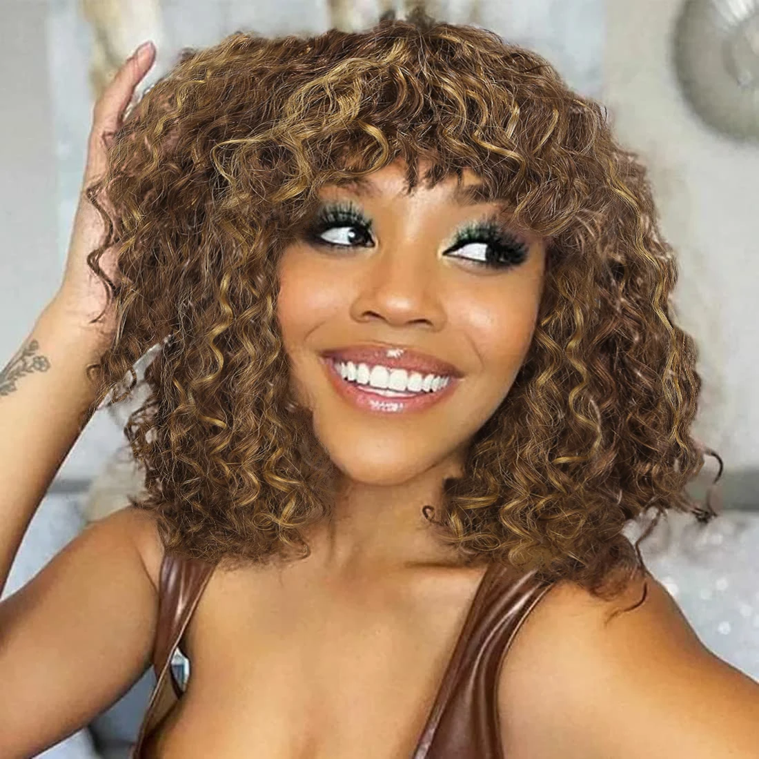 

Highlight Blonde Jerry Curly Short Bob Human Hair Wigs With Bangs Colored Brazilian Deep Curly Full Machine Made Wigs For Women