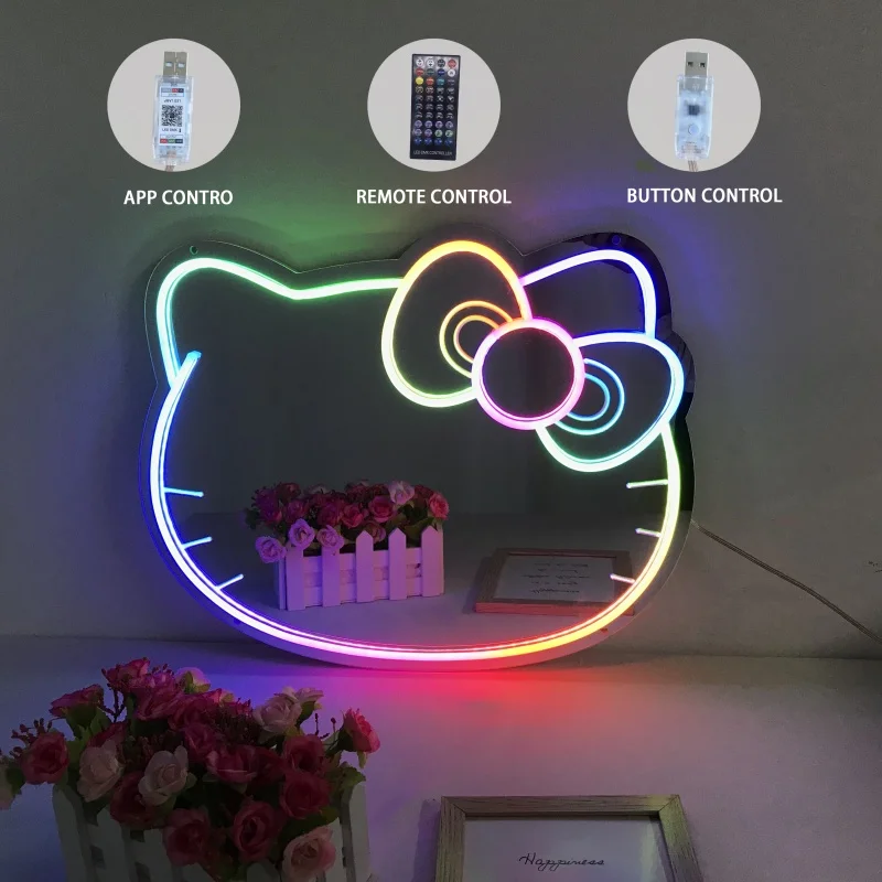 Flash LED Lights Colorful KT Cat Mirror Neon Sign Christmas Party Decor Shine Anime Cartoon Neon Lamp for Hello Kit Home Decor