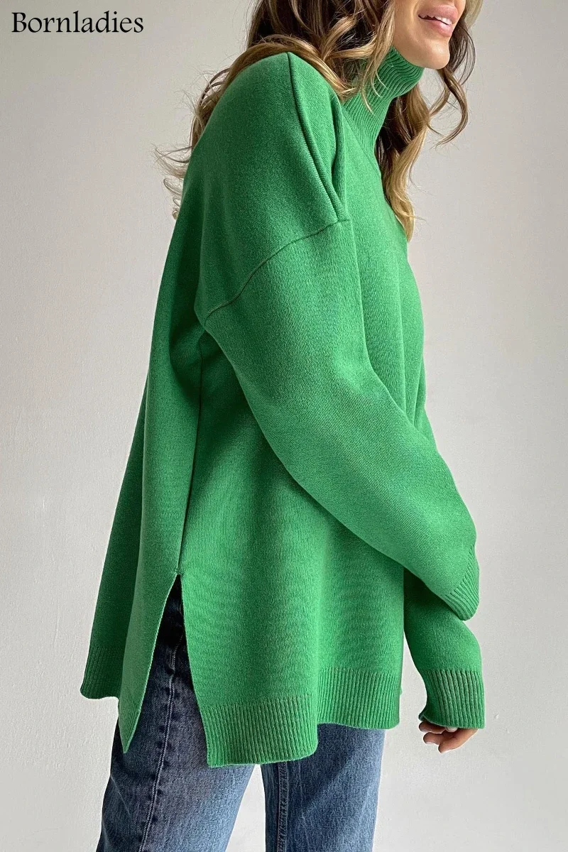 Bornladies  Green turtleneck sweater slit ladies 2022 autumn and winter warm, comfortable and fashionable knitted sweater