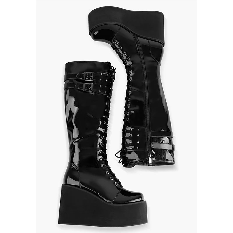 Onlymaker Women Lace-Up Knee High Wedge Boots Round Toe Black Patent Leather Buckle High Heels Zipper Big Size Punk Boots