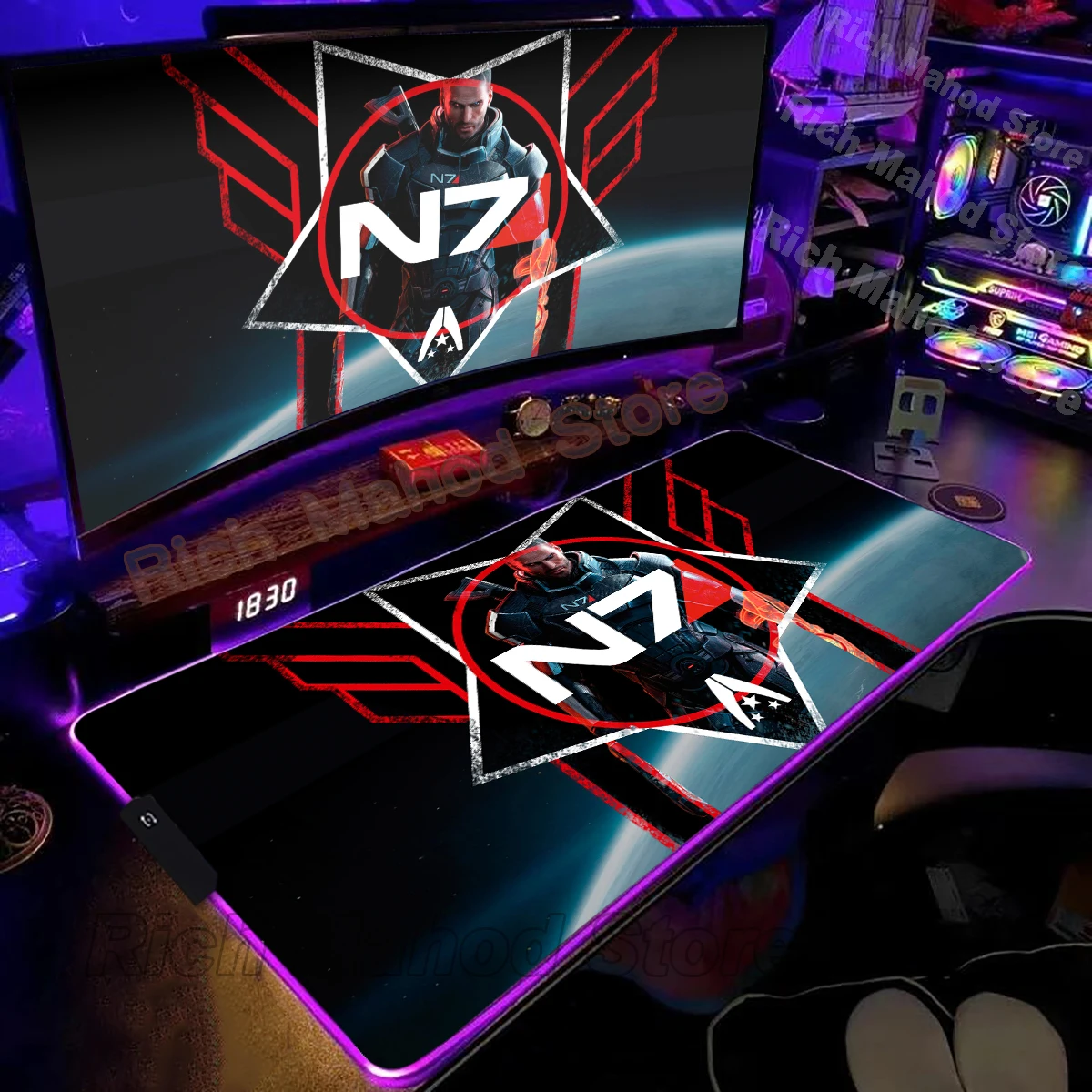 

RGB Game Mousemat Mass Effect N7 Mouse Pad Large Gaming Keyboard Mousepad Gamer Computer Mouse Mat LED Desk Mat Laptop Deskpad