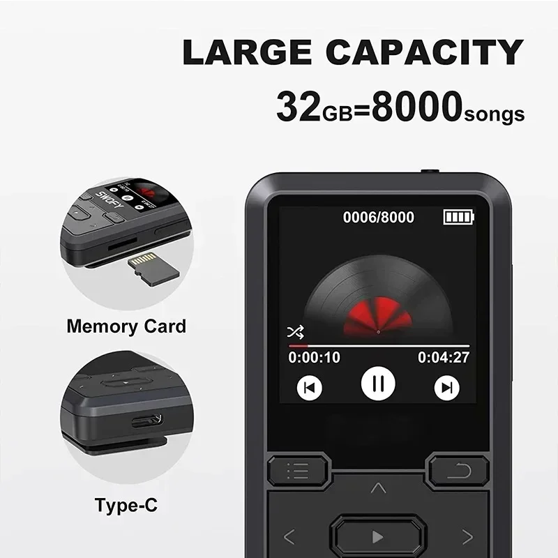 Mini back Clip Sports 32GB Lossless Sound MP3 Player with BT 5.0,Pedometer FM radio, New Design Mini 1.44 inch Music Player