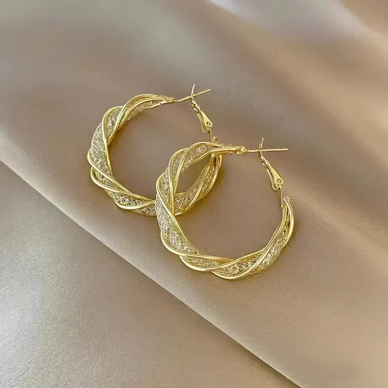New Twine Round Gold Wire Mesh Zircon Crystal Hoop Earrings for Women Metal Punk Loop  Jewelry Accessory Wholesale Girl Gift