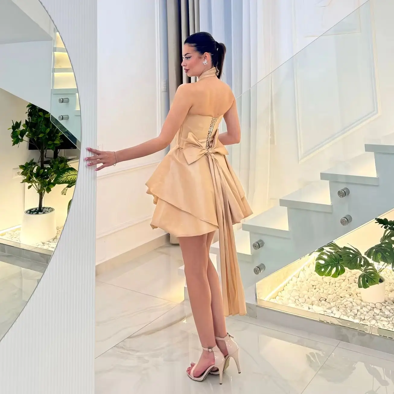 Sharon Said Charming Satin Coral Halter A-Line Prom Dress with Bow Short Evening Birthdays Party Gowns SH541 Customized