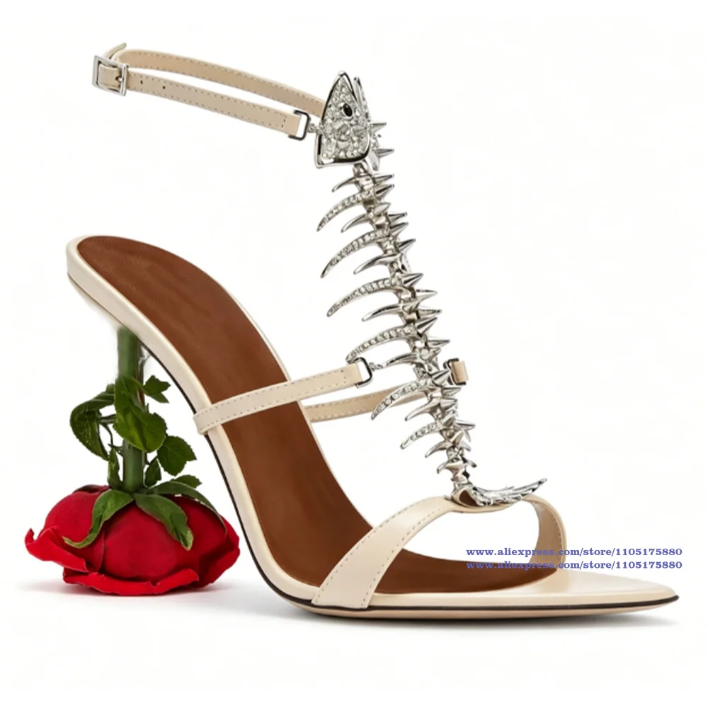 Sandalias de tacón de aguja con cristales Fishbone, tacón rosa, cuero beige, punta puntiaguda, tacones altos, novedad en calzado de mujer, sandalias de mujer para verano