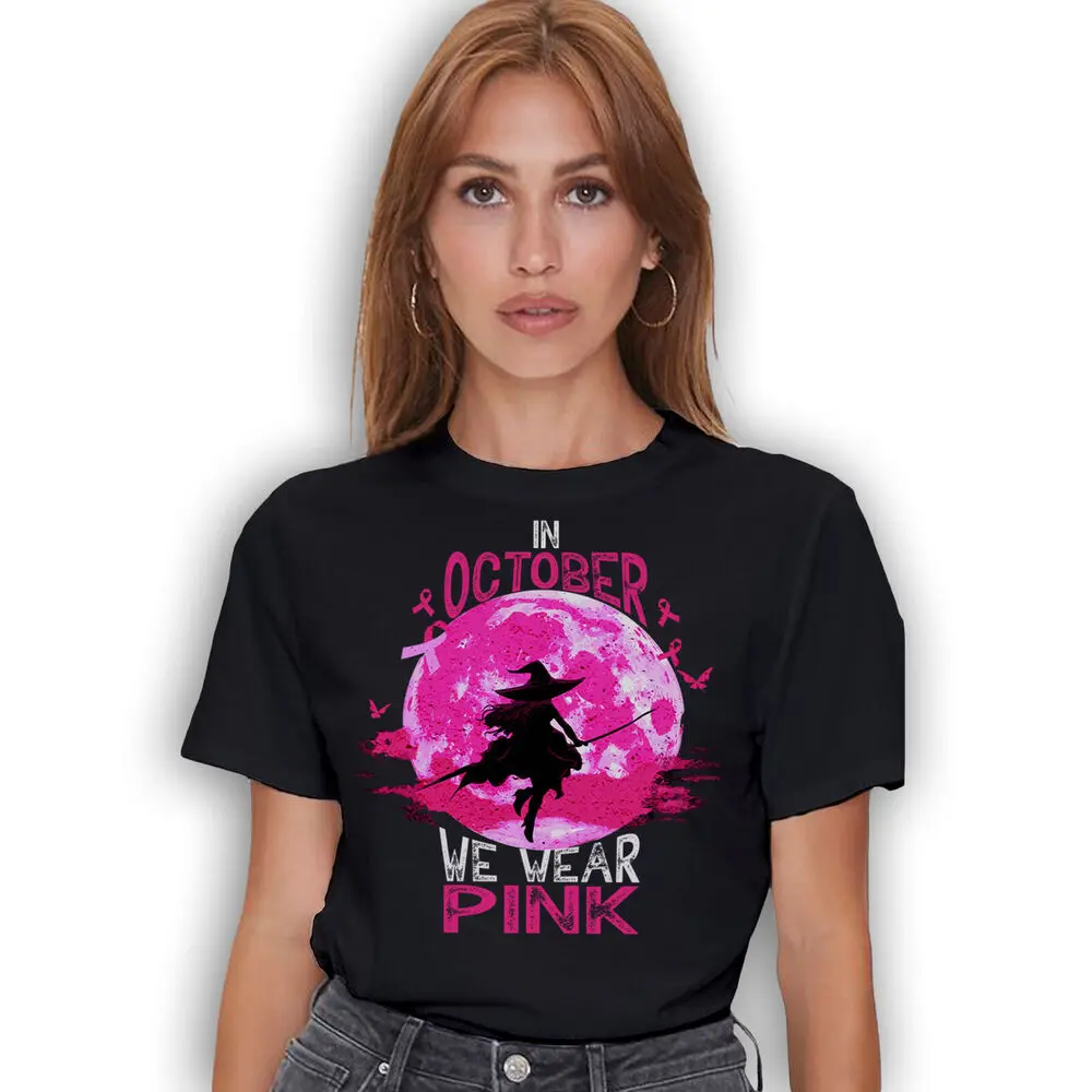 In October We Wear Pink Witch Halloween Breast Cancer Support T-Shirt  Tees Cotton Luxury brand vintage oversized