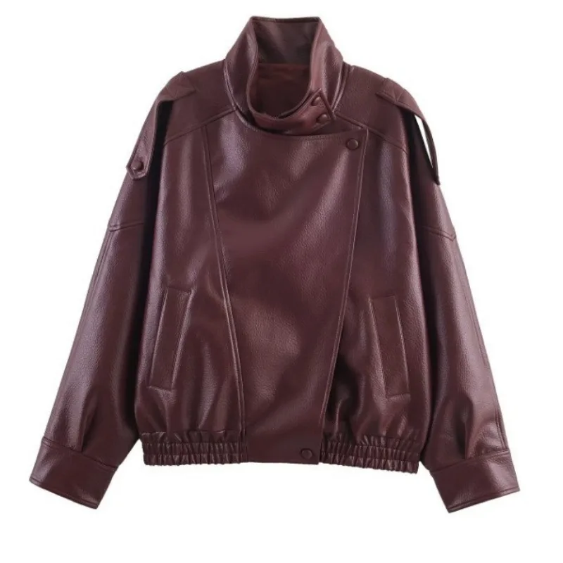 الفاخرة لينة الاتجاه الوقوف طوق فو الجلود سترة المرأة السائق سترة بو الجلود معطف ناعم القهوة السوداء يندبروف معطف