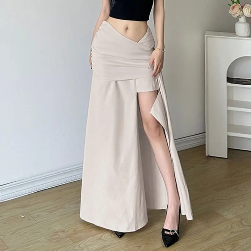 

Maxi Skirts Folds Split Straight Folds Asymmetrical Mid-Waisted Casual Holiday Safari Style Women 2024 Autumn Spring Streetwear