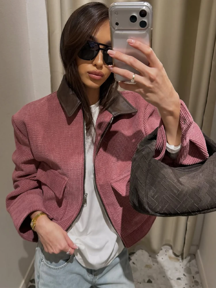 Spring Pink Casual Jacket Women's Loose Fit Streetwear Front Zipper Pockets Lounge Wear Daily Outerwear