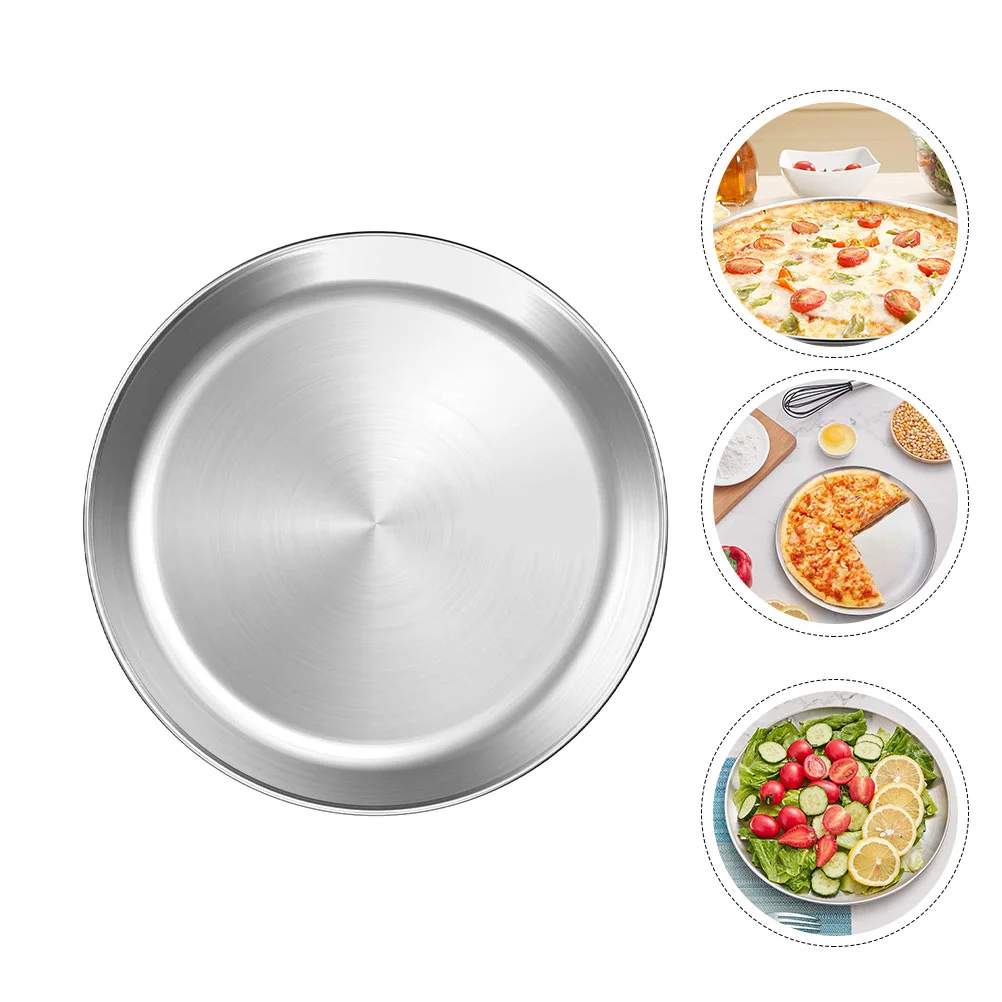 

12 Inch Stainless Steel Pizza Plate Round Tray Baking Cake Food Grade Safe Anti Corrosion Kitchen Home Serving