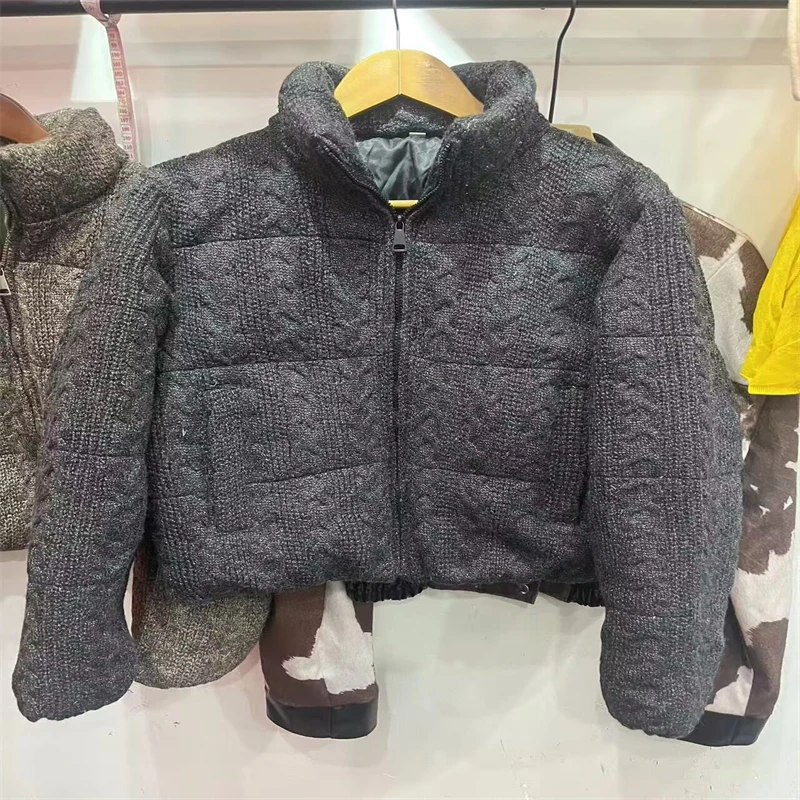 Women's Knitted Texture Stand Collar Zip Cropped Jacket Winter Warm Loose Casual Coat (Brown/Black/White)