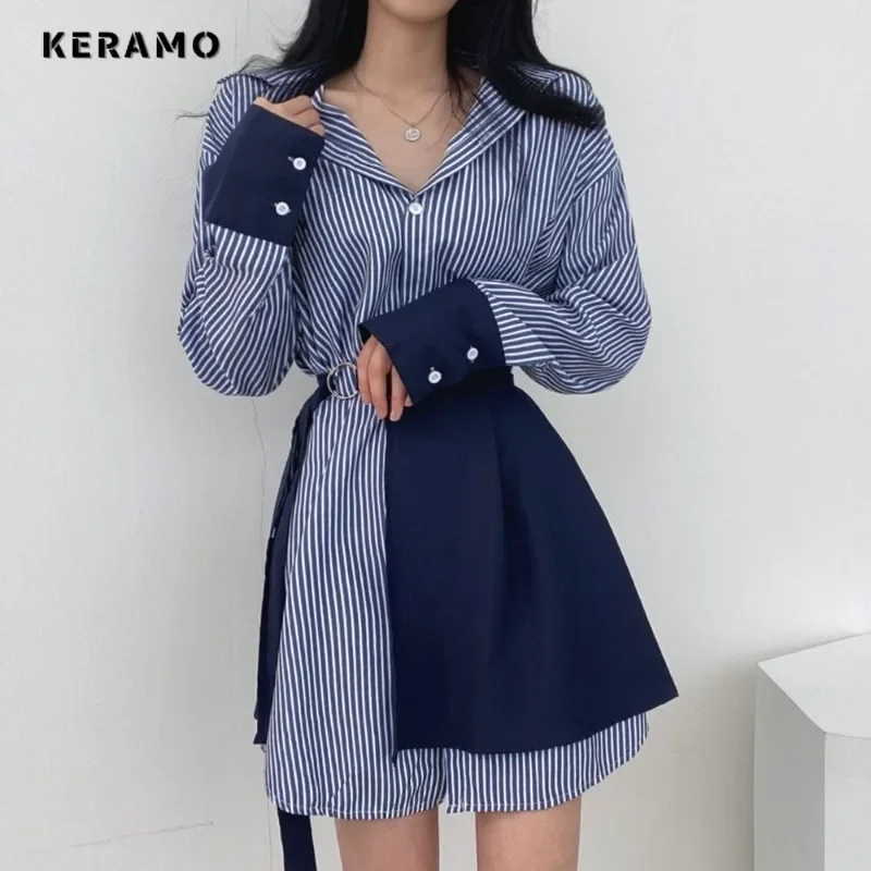 2025 Spring Lady Sexy Long Sleeve Turn-Down Collar Mini Shirt Dresses Women's Elegant Striped Patchwork Hotsweet Blouse Dress