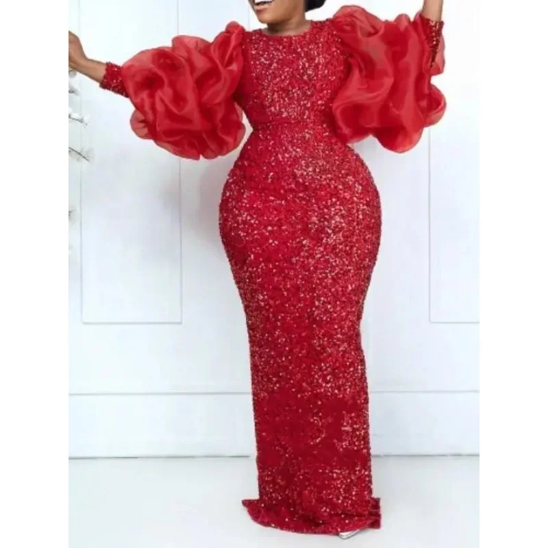 

Винтажное женское платье длиной до пола с блестками и пышными рюшами и длинными рукавами с круглым вырезом, блестящие бархатные вечерние платья для вечеринок