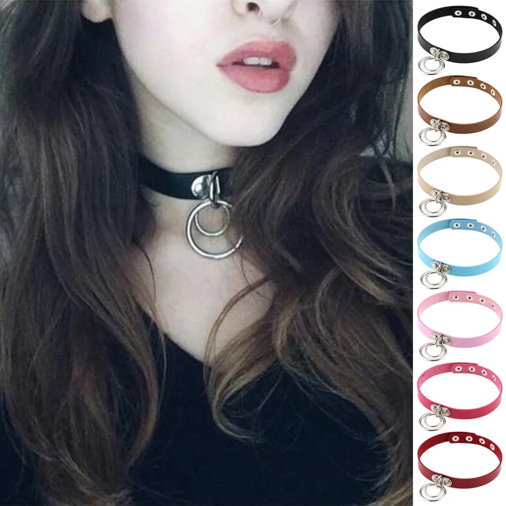Punk Gothic Rock and roll Nightclub Exaggeration Personality Double ring Multicolored Leather Stainless steel  Clavicle chain