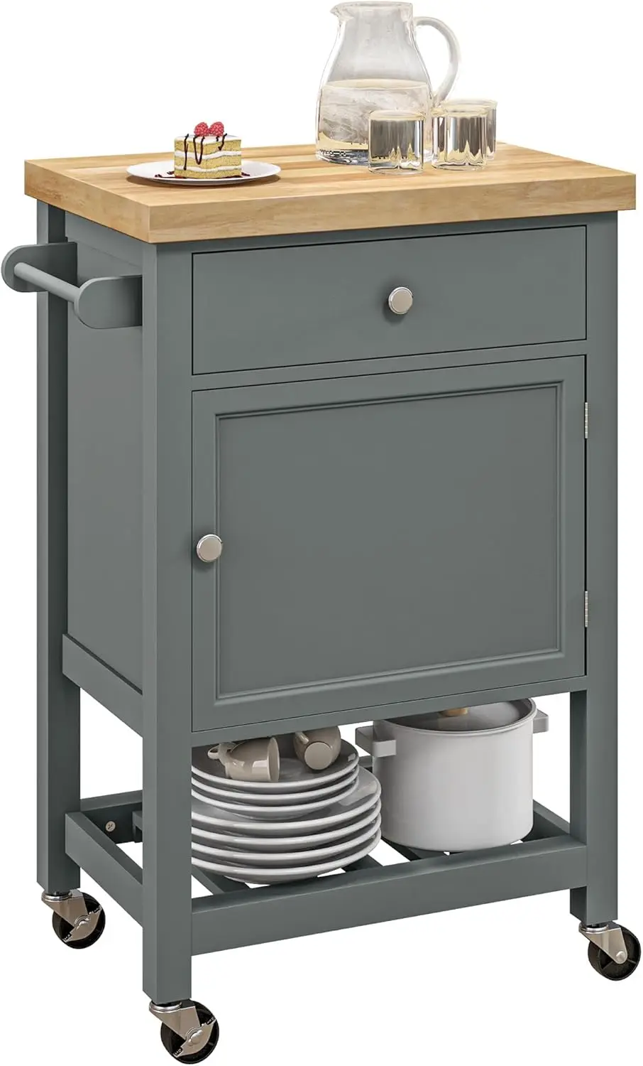 

Rolling Kitchen Island with Smooth Rubberwood Top, Narrow Butcher Block Surface on Wheels with Storage Drawer & Cabinet, Gray