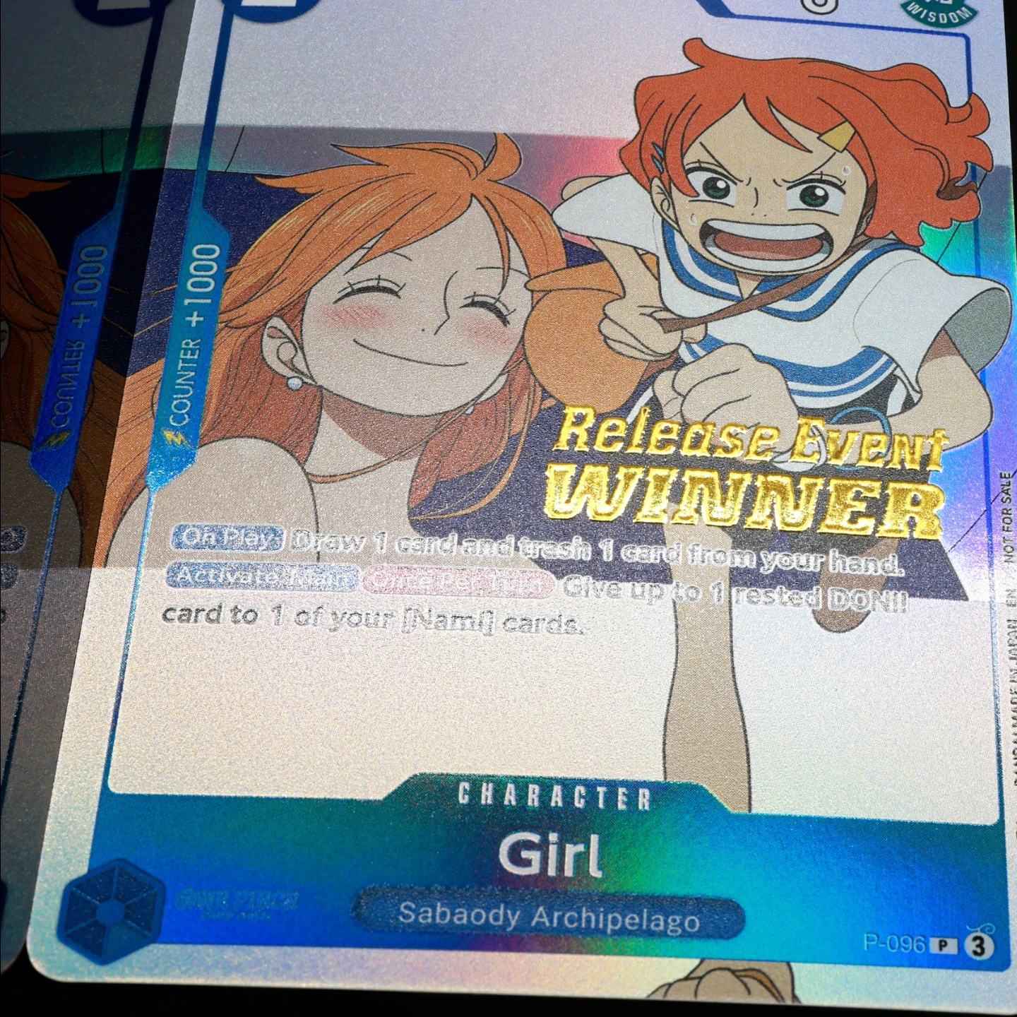 One Piece TCG OPCG English P-096 Girl Blue Girl Play Set Release Event Winner Stamp with Hot Stamping Process view 4