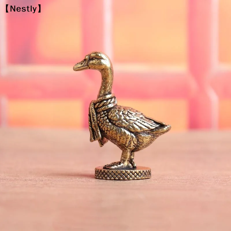 Ancient Brass Small Tea Pet Ornaments Scarf Goose Figurines Lucky Copper Home Decoration For Study Desk Living Room〔Nest〕
