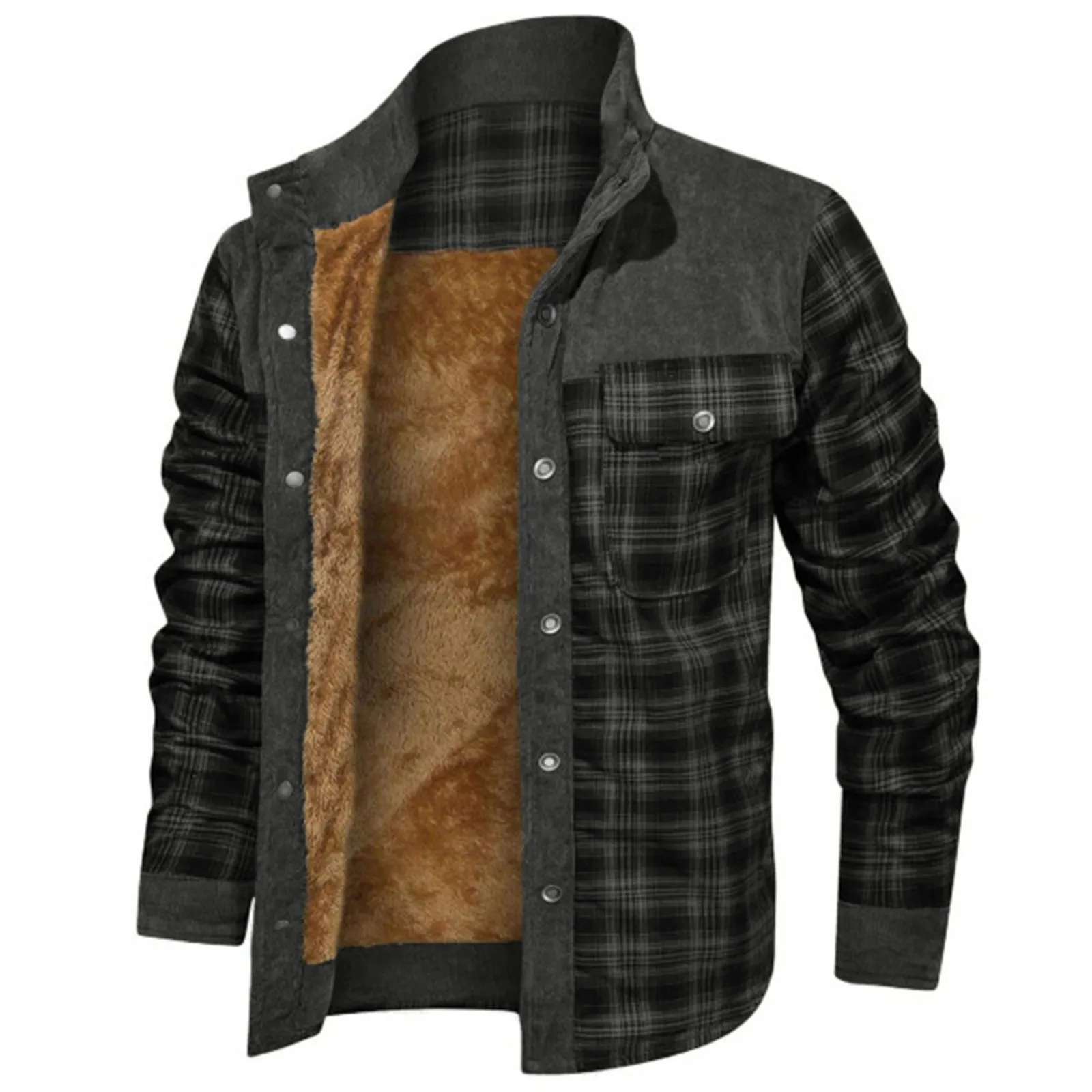 Mens Warm Hooded Flannel Plaid Shirt Jacket
