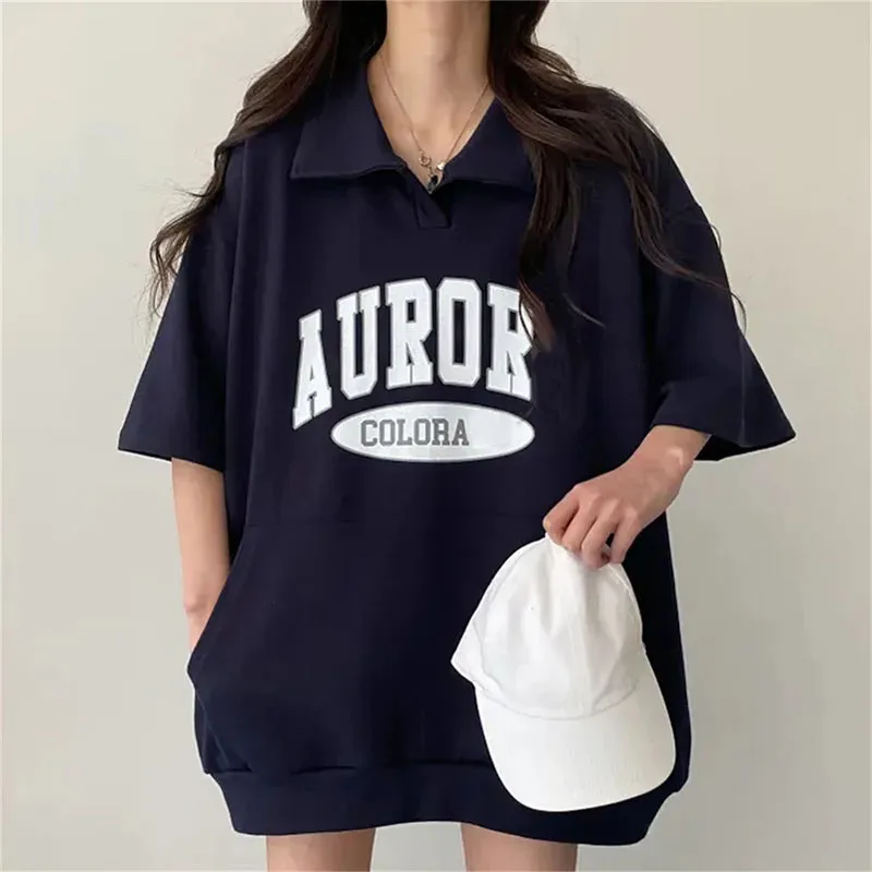 Summer Women Short Sleeve Sweatshirts Harajuku Streetwear Fashion Letter Printed Female Turn-down Collar Hoodies Loose Pullovers