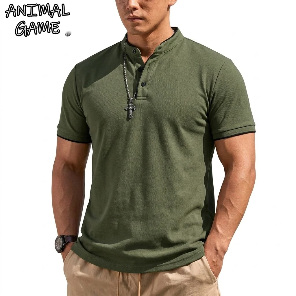 Summer Short Sleeve Henley Shirt Men Button Polo Shirts Classic Collarless T-Shirts for Men Luxury Breathable Hiking T-shirt Gym