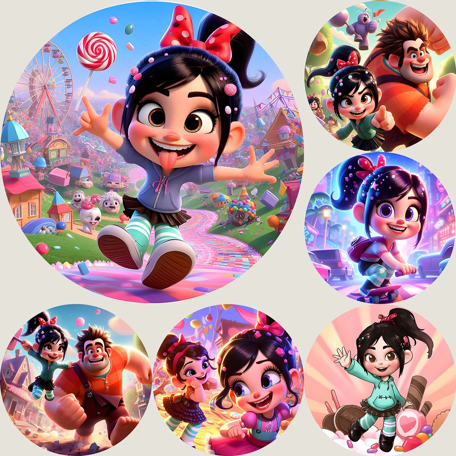 

Round Disney Cute Wreck It Ralph Theme Backdrop Kids Birthday Party Background Circle Poly Decoration Photography Studio Props