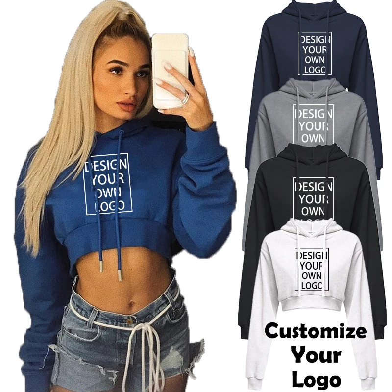 

Customized Women Crop Top Hoodie Casual Long Sleeve Hooded Short Sweatshirt Sexy Printed Crop Sweaters 10 Colors