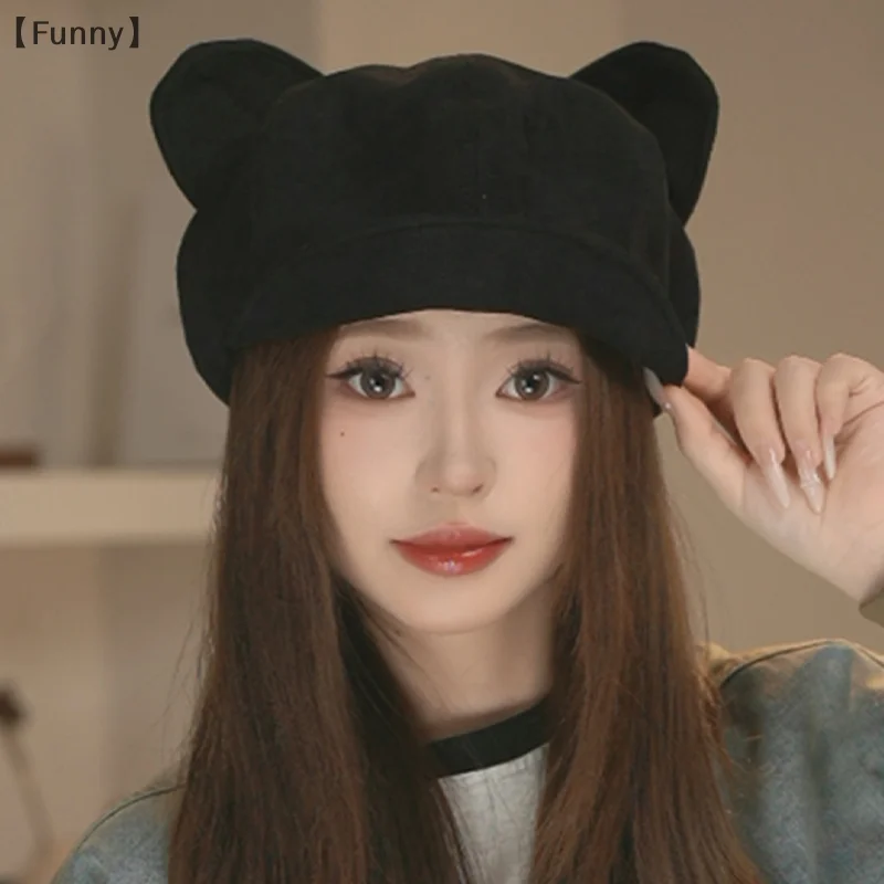 DapatFunny OrganiKorean rétro oreille de chat béret octogonal pour les femmes automne et hiver brossé et chaud